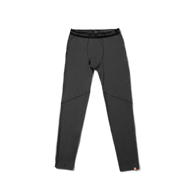 Black thermal pants with long fitted legs and contoured front pouch.