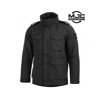 Black M65 field jacket with hood, zip front, flap cargo pockets, and waist tab.