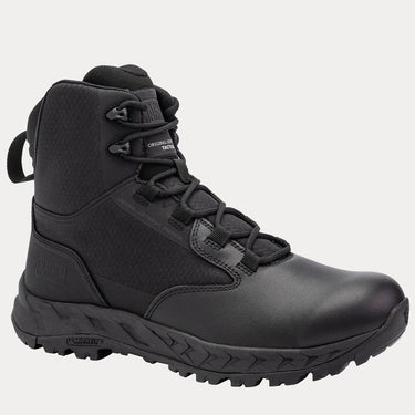 Black tactical boots with lace-up closure and rugged rubber outsole