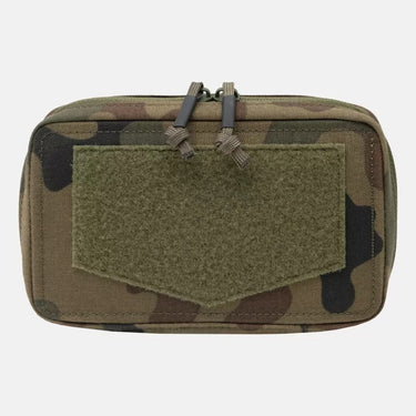 Woodland camo field pouch with front Velcro patch pocket and webbing straps