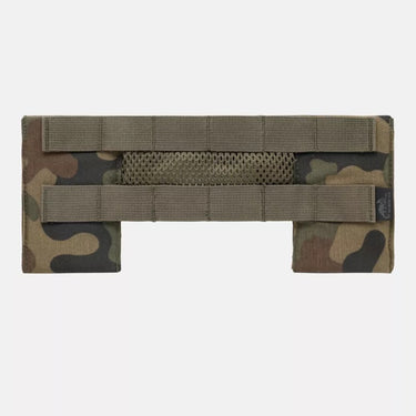 Camouflage chest panel with two horizontal webbing straps over mesh insert