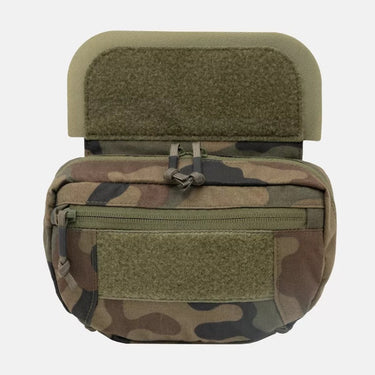 Camo field pouch front view with top flap and hook-and-loop patch panel.