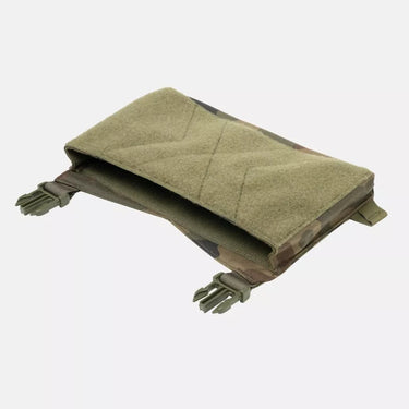 Tactical field flap with padded fabric panel and top attachment straps, camo pattern