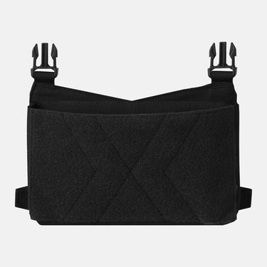 Black tactical pouch with open top flap and crisscross stitching detail