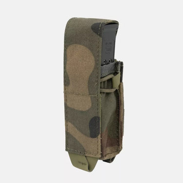 PL Woodland camo pistol magazine pouch with elastic retention band and rear slot.