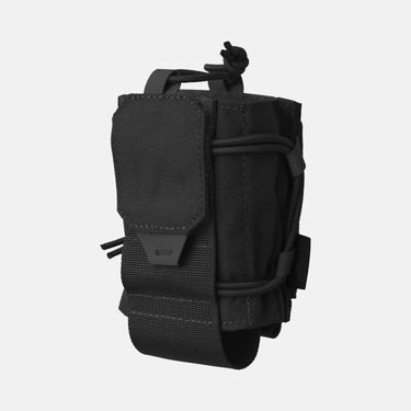 Black radio pouch with front flap, elastic cords, and side webbing mounting tabs