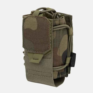 PL Woodland radio field pouch side view with secured flap, elastic cords, and MOLLE straps