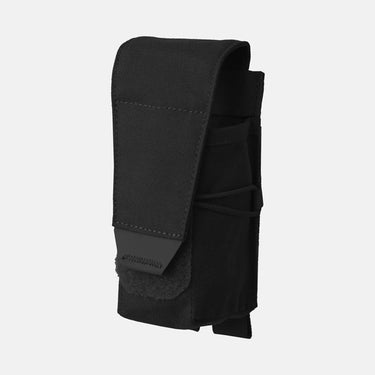 Black grenade pouch with top flap, elastic retention loops, and side MOLLE webbing
