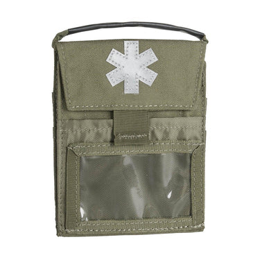 Helikon Pocket Med Insert pouch in tan fabric with medical cross patch and clear pocket