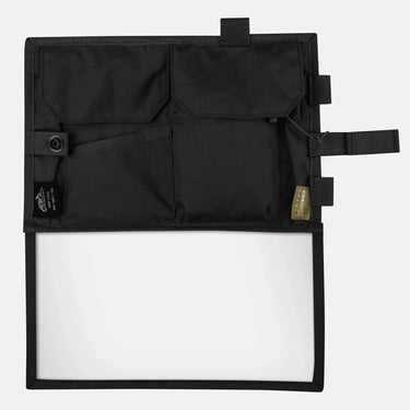 Black map case with snap flap, front pockets, and map window panel