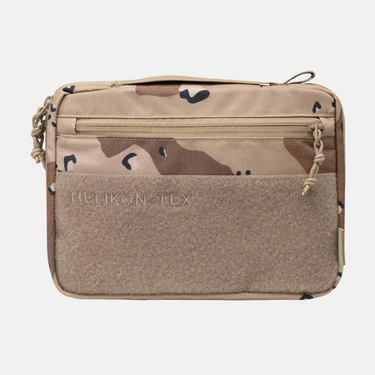Tan camo A5 notebook cover with front zipper pocket and elastic side cords