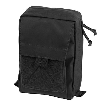 Black admin pouch with front flap, Velcro patch panel and side webbing strap loops
