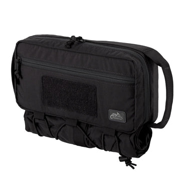 Black utility service case with front zip pocket, hook-and-loop patch panel, side handle.