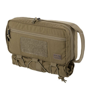 Coyote tan utility service case with front zip pocket and textured patch panel, side handle.