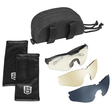 Ballistic protective eyeshield kit with black pouch and clear smoke blue shield lenses