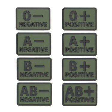 PVC blood type patch set in olive green, with O-, A-, B-, and AB- plus +/-