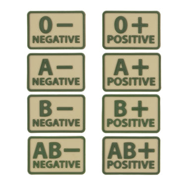 PVC blood type patch set in khaki/olive, with O-, A-, B-, and AB- plus +/-