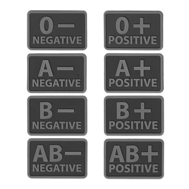 PVC blood type patch set in dark gray/black, with O-, A-, B-, and AB- plus +/-