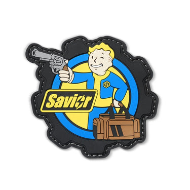 Cartoon boy patch with Savior label, blue-yellow suit, black stitched border