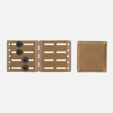 Coyote brown knife wing attachment components, including slotted panels and a mesh panel