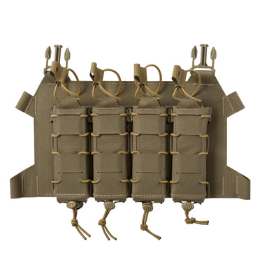 Skeletonized quad SMG magazine flap pouch in olive tan with bungee cords