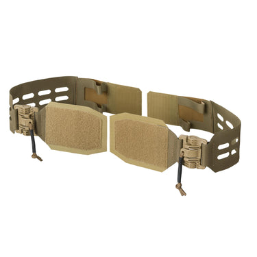 Tan skeletonized cummerbund with two buckle closures and fabric panel inserts