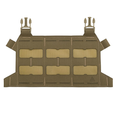 Tan skeletonized plate carrier flap with six hook-and-loop cutout pockets