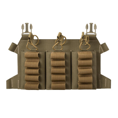 Shotgun shell flap pouch in tan with three rows of elastic shell loops and buckles