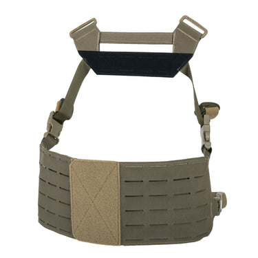 Chest rig interface with tan front panel and olive side panels, adjustable shoulder straps