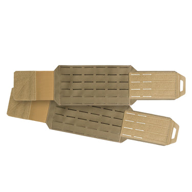 Modular tactical cummerbund in tan with slotted panel rows and side adjustment webbing.
