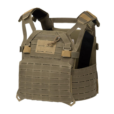 Coyote tan plate carrier vest with MOLLE front panel and adjustable shoulder straps