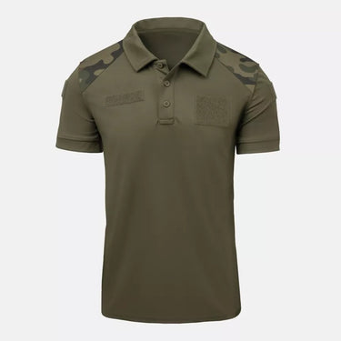 Olive military polo shirt with button placket, collar, and camo shoulder panels