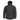 Black parka with hood, front zipper, and side utility pockets