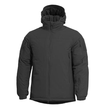 Black parka with hood, front zipper, and side utility pockets