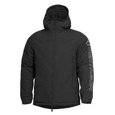 Black hooded parka with full zip, sleeve text logo, ribbed cuffs