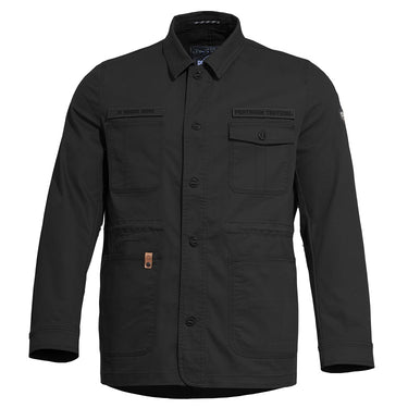 Black field jacket with button front and two chest pockets