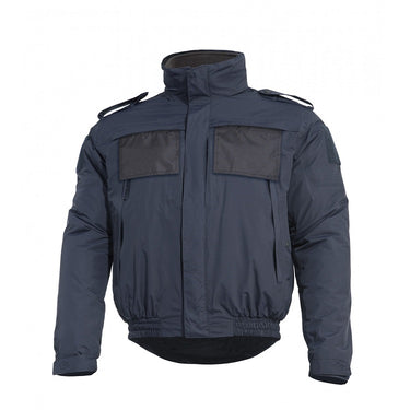 Midnight blue puffer jacket with hood, full zip, stand collar, back patch panel