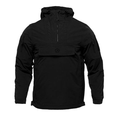 Black anorak jacket with hood, front zip, and chest flap pocket