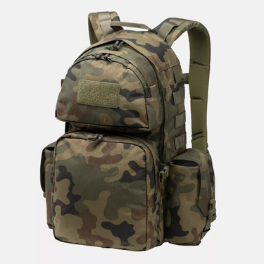 Helikon Ambush 22.8L Cordura backpack in woodland camouflage, front and side view