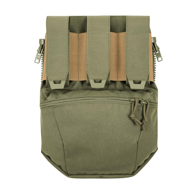 Olive green MOLLE assault panel with five front pouches and zippered pocket