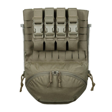 Olive tactical breacher panel with MOLLE rows and front zip pouch