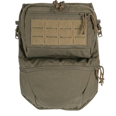 Utility back panel in olive green with top hook-and-loop patch panel and zipper pocket