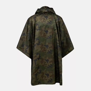 Camo hooded poncho with draped short-sleeve shape, olive green and dark blue pattern
