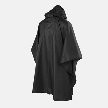 Lightweight poncho with hood, black, snap button front, side cape panels