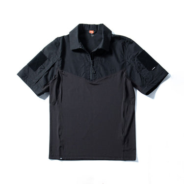 Black short-sleeve tactical polo shirt with zippered chest placket