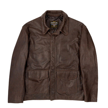 Brown leather zip-front jacket with flap chest pockets and pointed collar