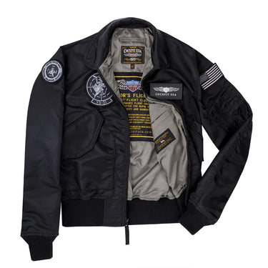 Black flight jacket with zip front, stand collar, ribbed cuffs, and sleeve patches