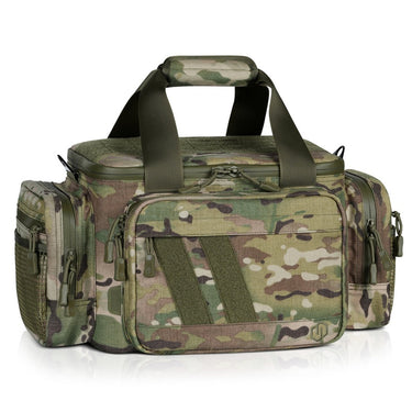 Multicam pistol range bag with padded handles and front zip pocket panels