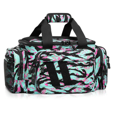Pistol range bag with pink and teal tiger-stripe camo, black straps, zip-top closure