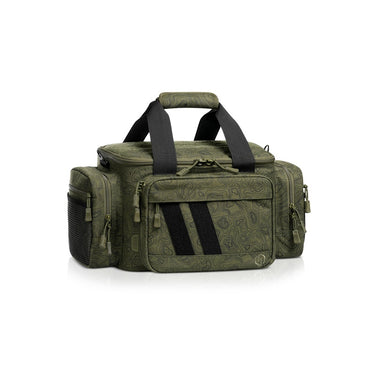 Olive-green range bag with padded handles, webbing straps, and zippered side compartments